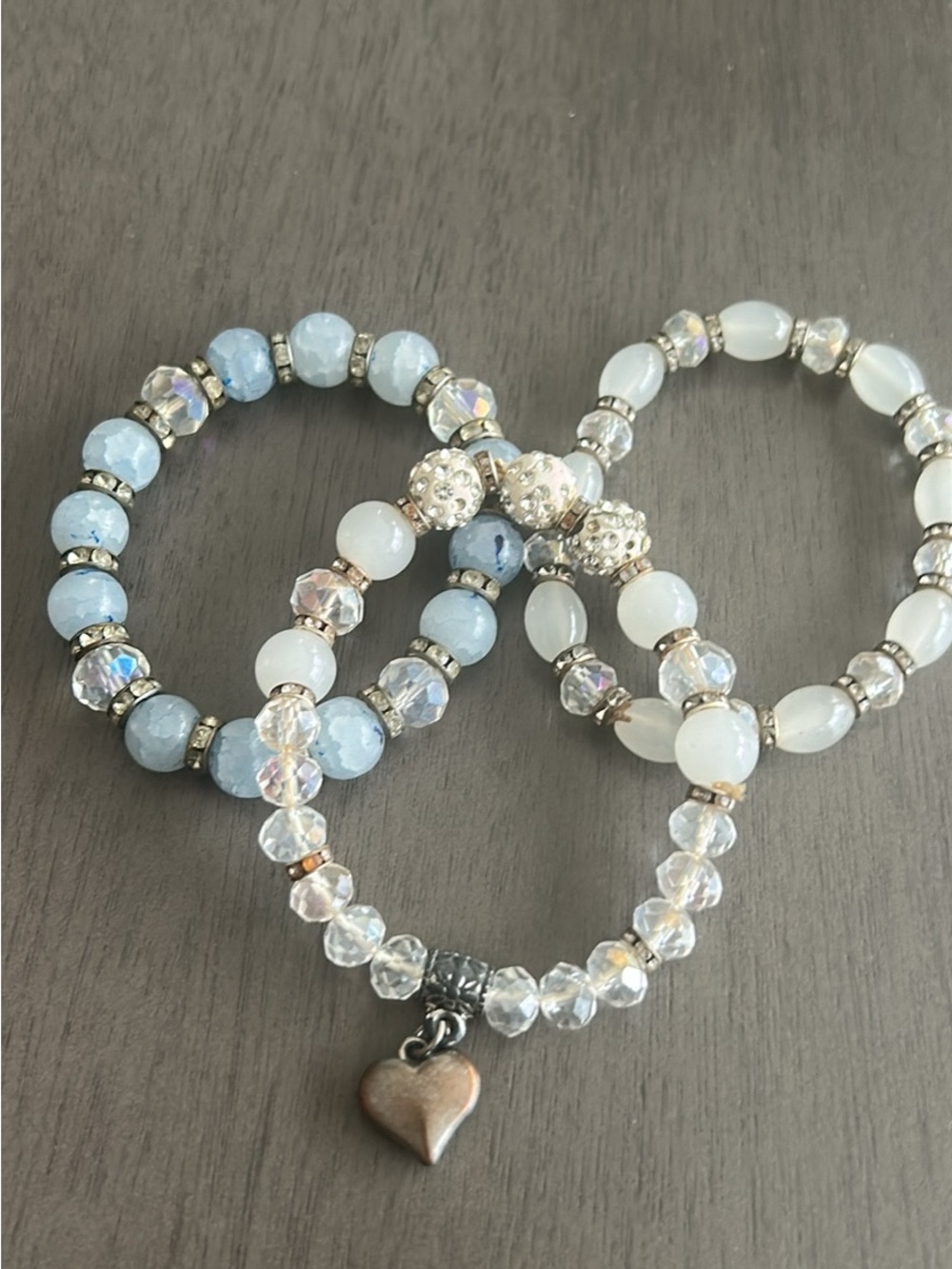 Set of 3 Women's Beaded Stretch Bracelets in Light Blue and White